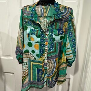 Madison Paige II Green Multicolor Pattern Button-Down Blouse – Size 1X